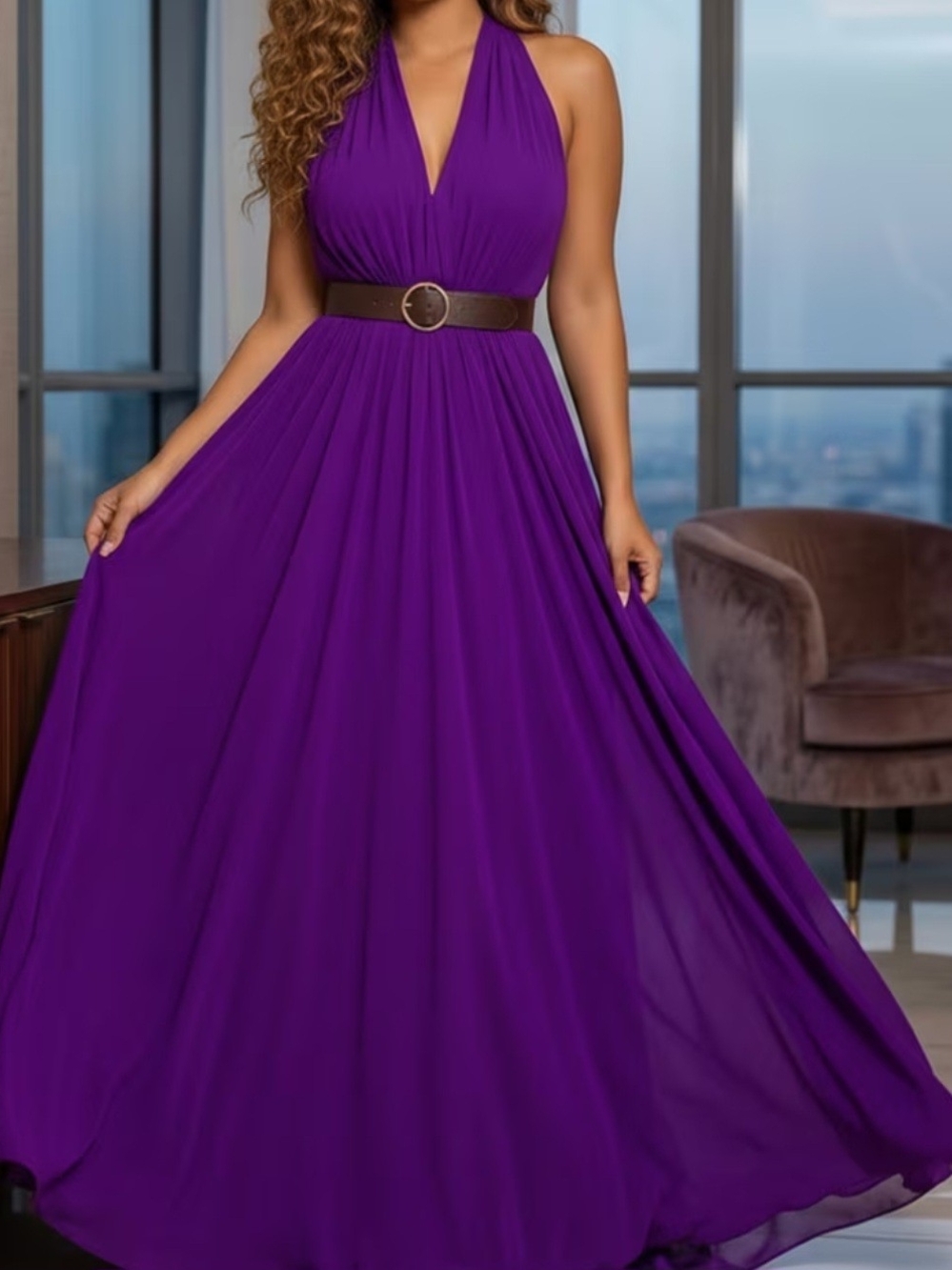 Halter V-Neck Maxi Dress in Purple